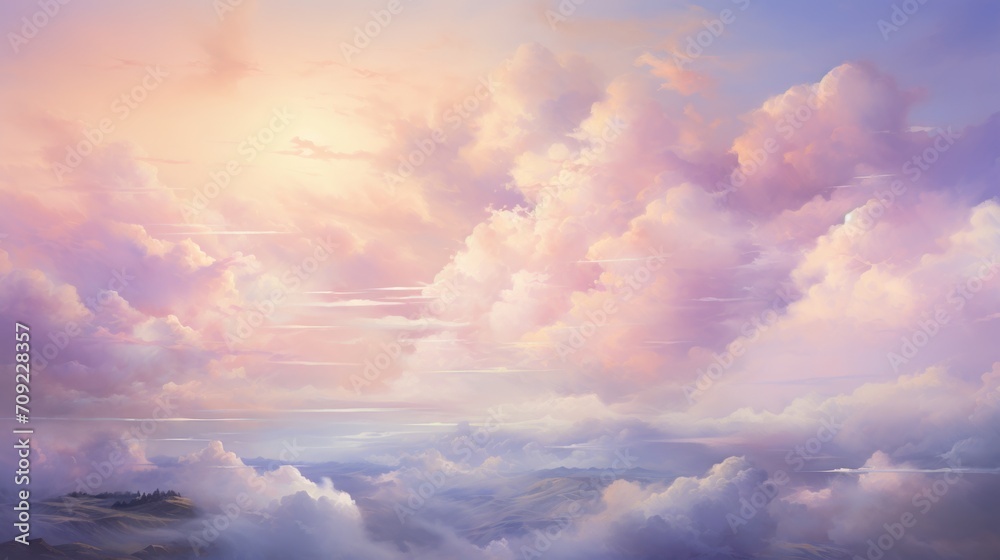 Obraz premium Surreal Cloudscape: Ethereal Clouds Against Soft Pink and Lavender Sky, Broad Strokes, Dream-Like Highlights and Shadows