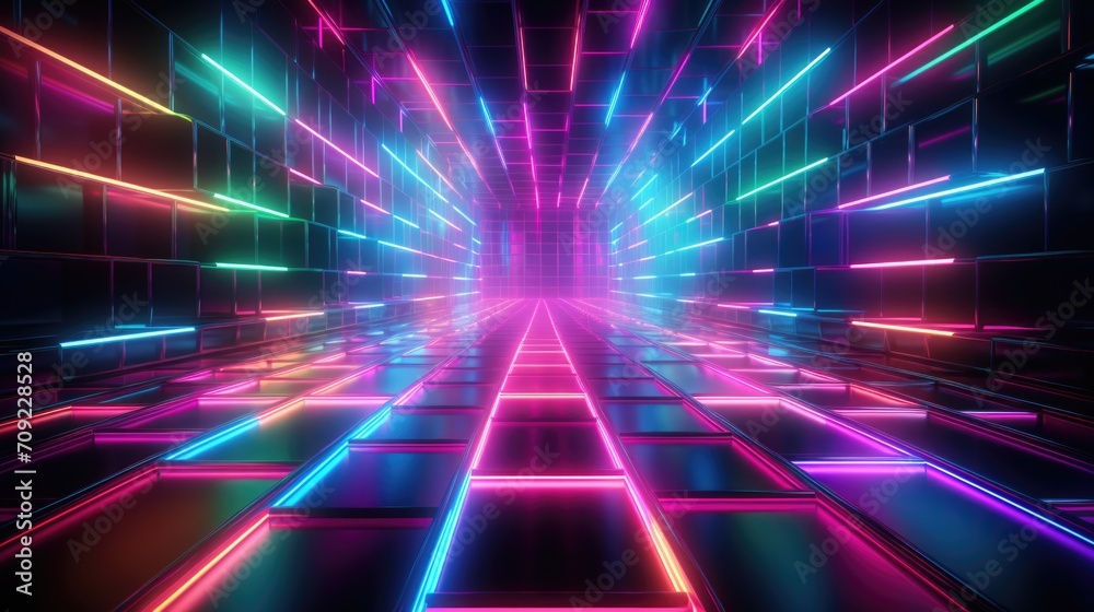Retro Neon Grid: '80s Inspired Neon Grid on Dark Background, Vibrant Pink, Blue, Green Glow, Arcade Game Nostalgia