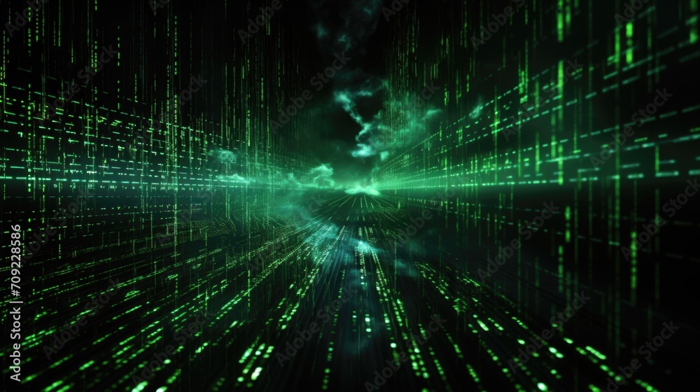 Digital Matrix: Futuristic Digital Matrix Background with Glowing Green Binary Code, Black Computerized Data Stream Digital Matrix: Futuristic Digital Matrix Background with Glowing Green Binary Code, Black Computerized Data Stream