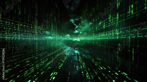 Digital Matrix: Futuristic Digital Matrix Background with Glowing Green Binary Code, Black Computerized Data Stream