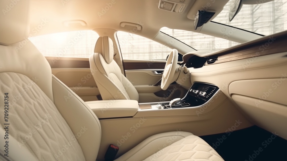 Back passenger seats in modern luxury car frontal.Generative AI - obrazy, fototapety, plakaty 