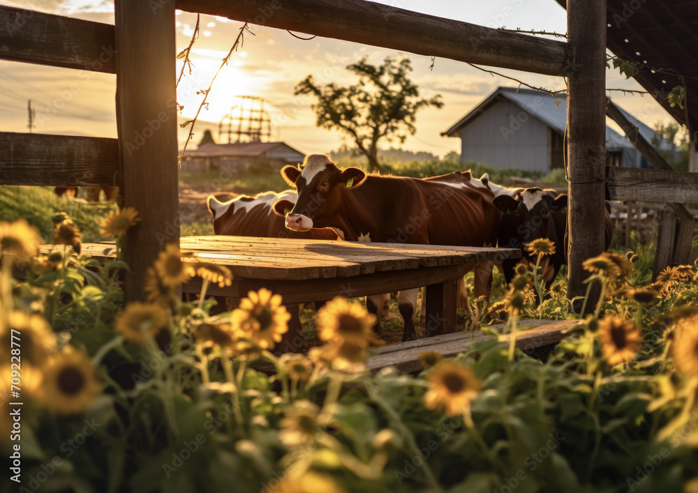 Naklejka premium Cows grazing in garden next to wooden desk and barn, yellow flowers in foreground. Generative AI