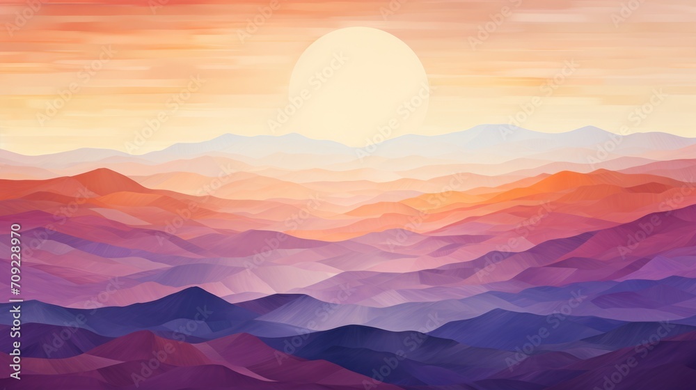 Sunset Mirage: Abstract Desert Sunset Interpretation with Warm Oranges, Reds, Purples, Blurred Horizon Line
