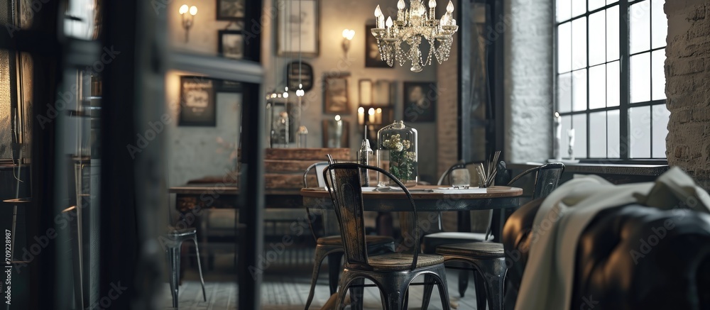 Fototapeta premium Metal chair and chandelier in stylish apartment.