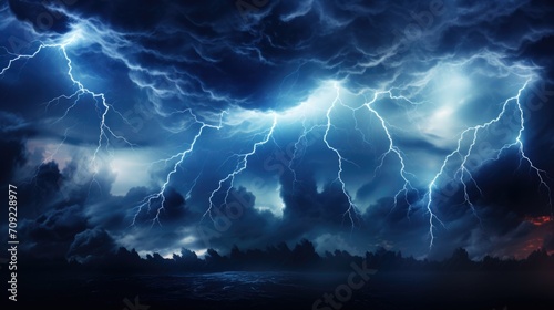 Electric Lightning Storm: Dramatic Dark Stormy Clouds Background with Bright Blue and White Lightning Bolts