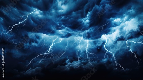 Electric Lightning Storm: Dramatic Dark Stormy Clouds Background with Bright Blue and White Lightning Bolts