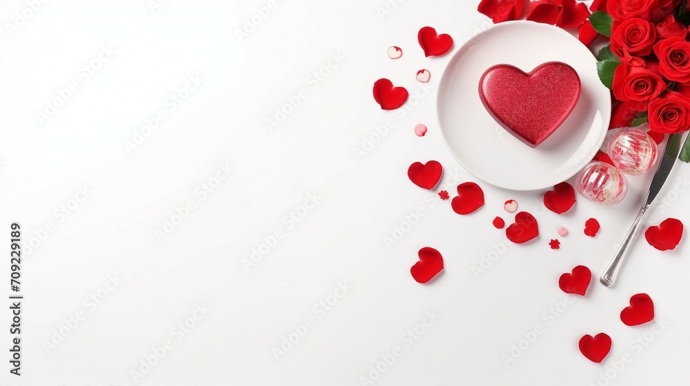 Romantic Valentine's Day Concept: Top View Vertical Photo of Red Roses Bouquet, Heart-shaped Plate, Gift Box, Candies, Knife, and Fork on Isolated White Background - Love Celebration and Happiness