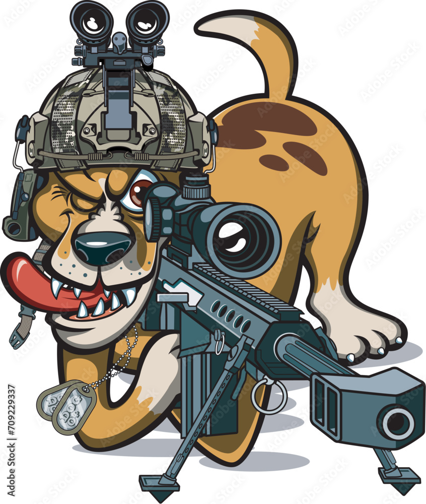 Cartoon style sniper dog with military helmet aiming barrett .50 caliber sniper rifle