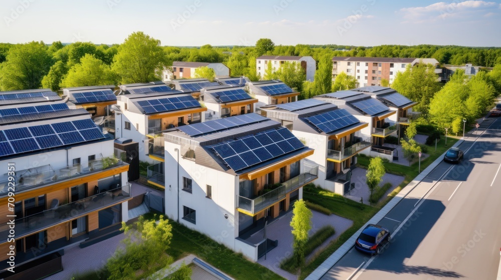 Eco-friendly apartment buildings with large solar panels on roofs surrounded by bright autumn trees