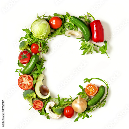 B letter out of vegetables and fruits isolated on white background.