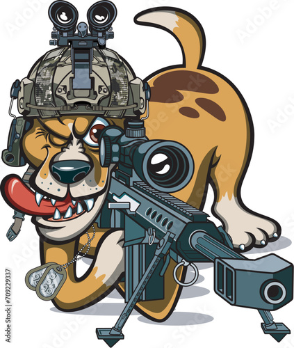 Cartoon style sniper dog with military helmet aiming barrett .50 caliber sniper rifle