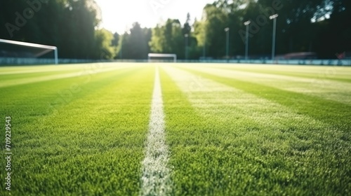 Lush green lawn grass with white line marking at new large football stadium closeup photo