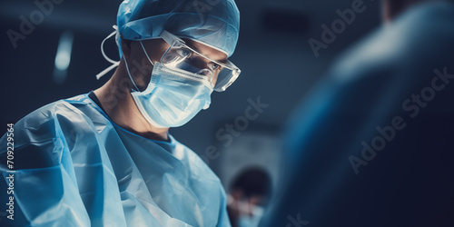 Surgeon performing microsurgery in blue uniform in OR with lighting effect, Eye surgery, Brain surgery or cosmetic surgery using medical technology. 
