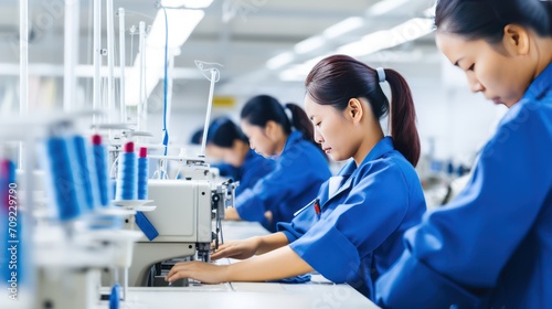 Focused young Asian women tailor with experience sews things from natural fabric using sewing machine