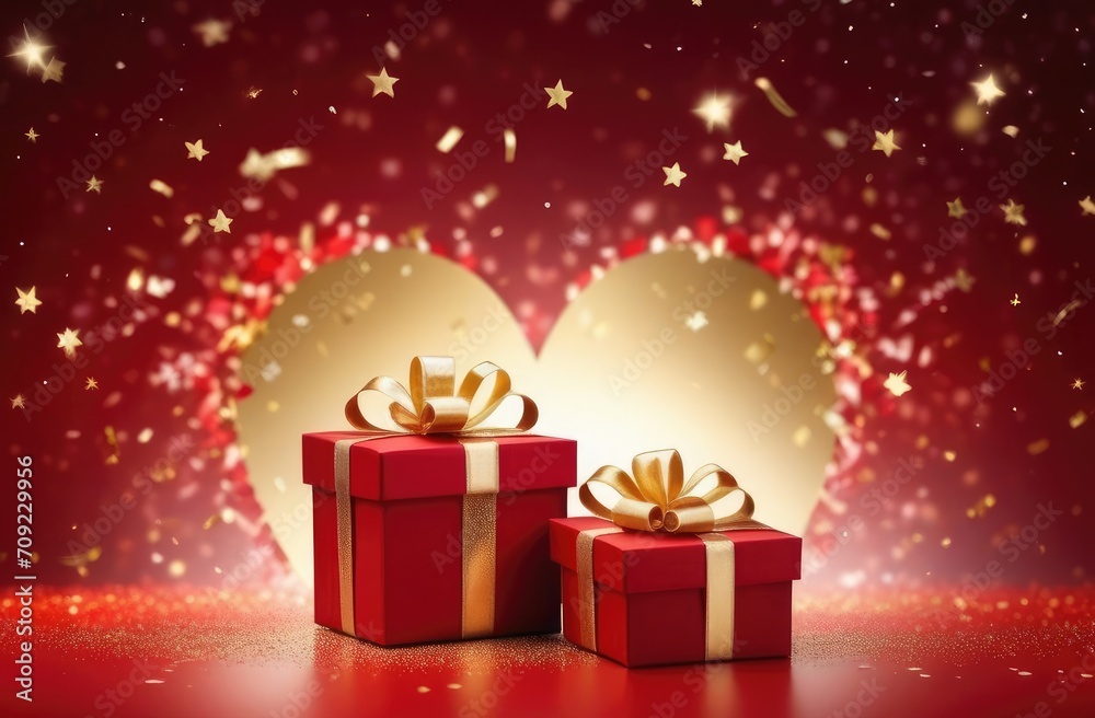 red gift boxes with a gold ribbon stand on a red background, blurred confetti and stars fly in the air red gift boxes with a gold ribbon stand on a red background, blurred confetti and stars fly in the air