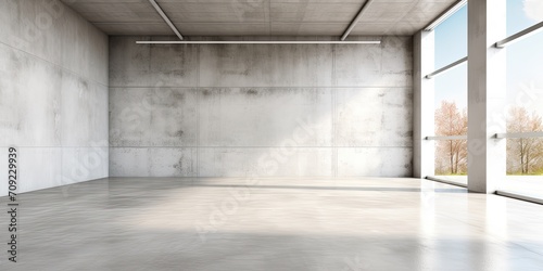 Building with concrete floor and white walls, creating an interior space. photo