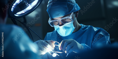 Surgeon performing microsurgery in blue uniform in OR with lighting effect, Eye surgery, Brain surgery or cosmetic surgery using medical technology. 
 photo