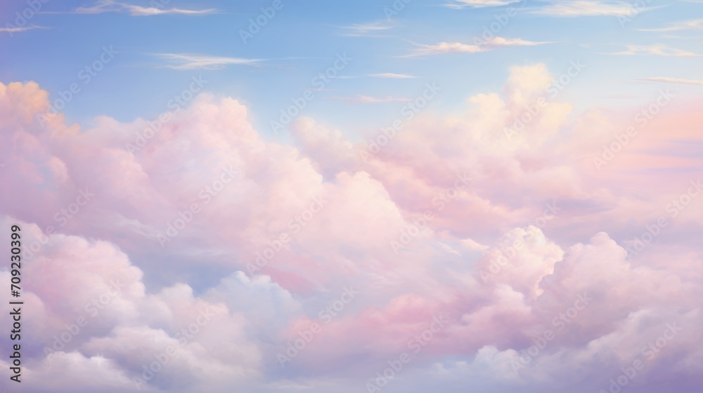 Soft Pastel Clouds: Dreamy Sky Filled with Fluffy Clouds in Soft Pastel Shades of Pink, Lavender, Baby Blue