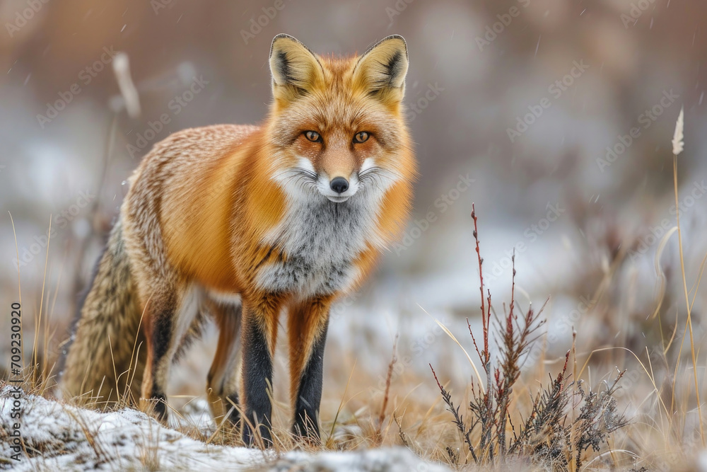 Fototapeta premium A red fox adopts a focused hunting stance, its keen eyes fixed on potential prey