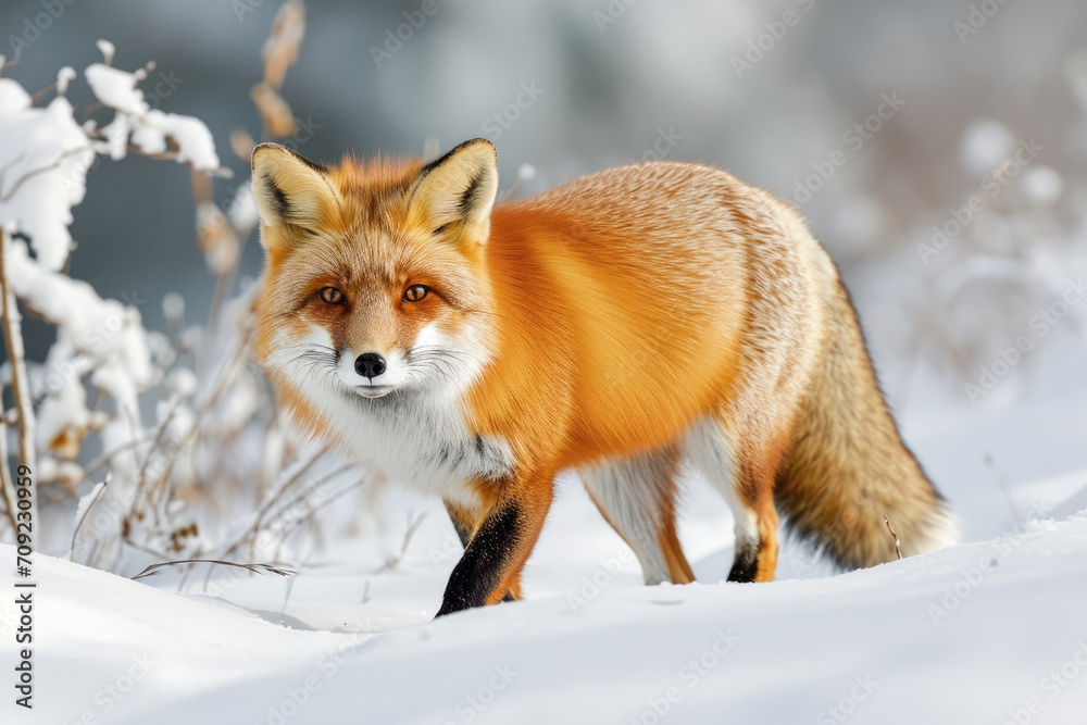 A red fox adopts a focused hunting stance, its keen eyes fixed on potential prey