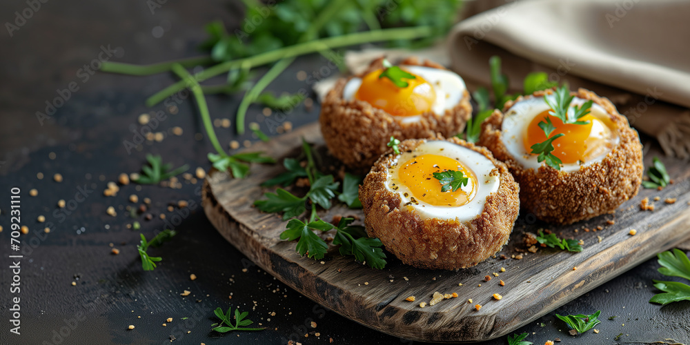 Traditional scotch eggs with herbs on black background. Foodie banner with space for text.