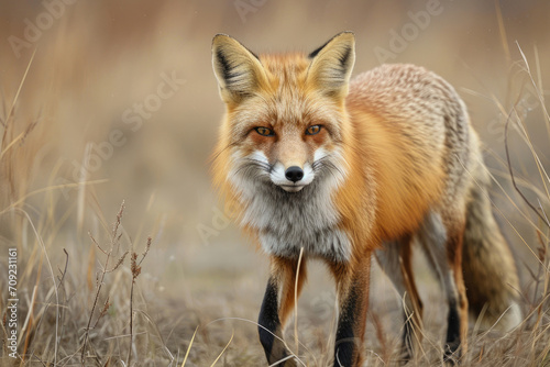 A red fox adopts a focused hunting stance  its keen eyes fixed on potential prey