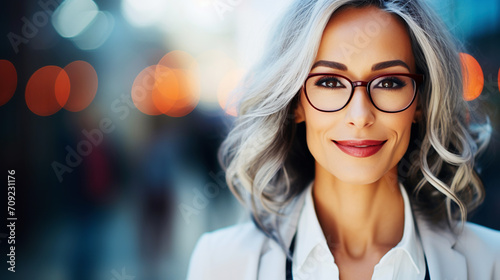 Modern middle-aged financial business woman with gray hair wearing glasses, looking at camera. Portrait stylish woman