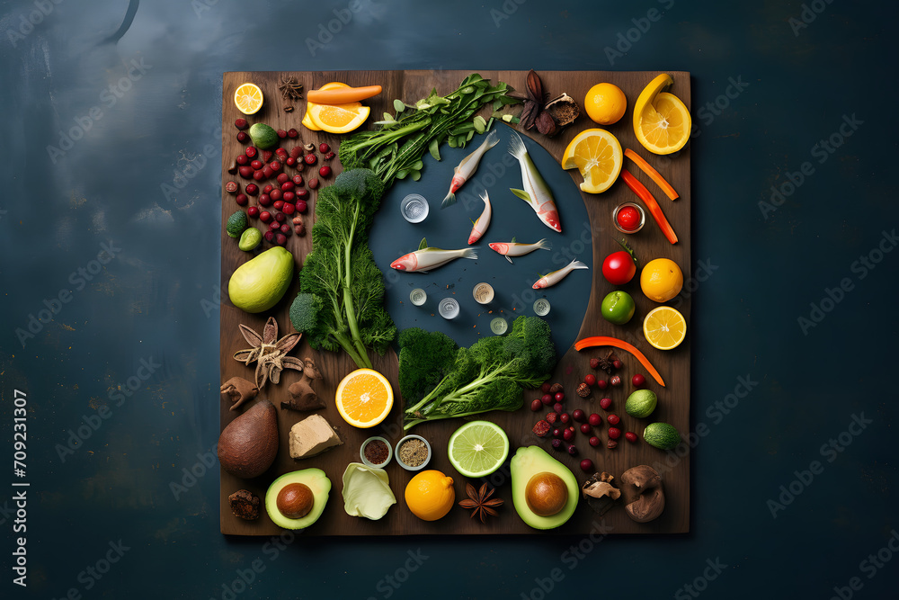 Healthy Start 2024 An artistic arrangement of New Year 2024 with vegetables, fruits, and fish. Represents 2024 healthy food trends and goals. . Generative AI,