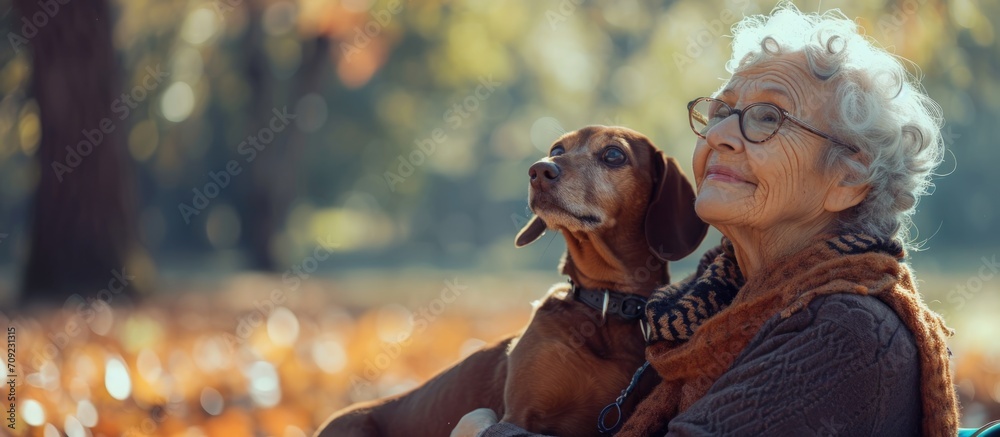 Elderly lady outdoors with dachshund.