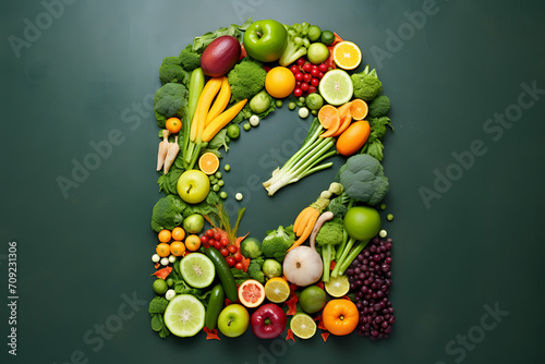 Healthy Start 2024 An artistic arrangement of New Year 2024 with vegetables, fruits, and fish. Represents 2024 healthy food trends and goals. Generative AI,