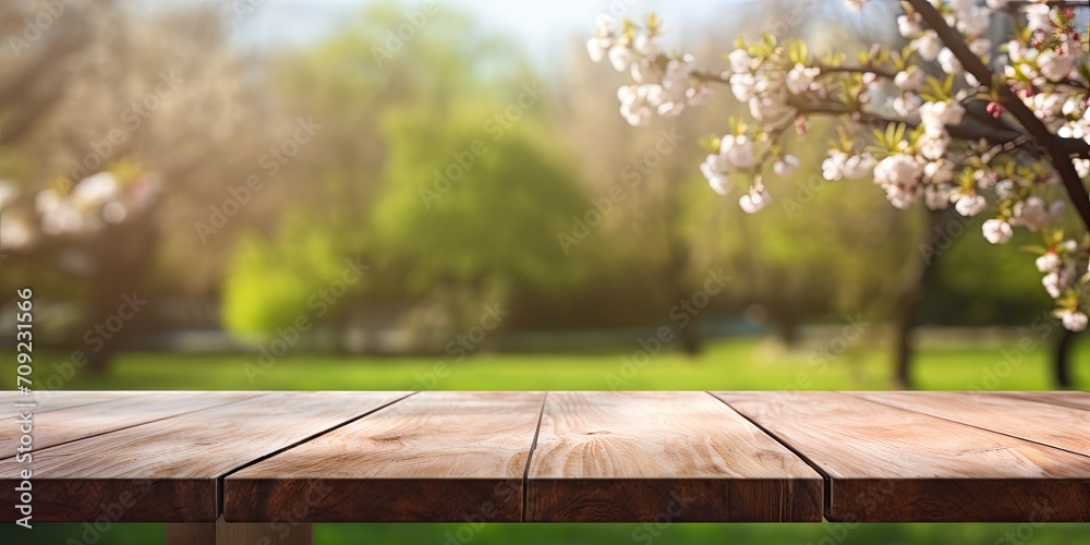 Wooden table with space for decoration and blurred background of park during spring. Wooden table with space for decoration and blurred background of park during spring.