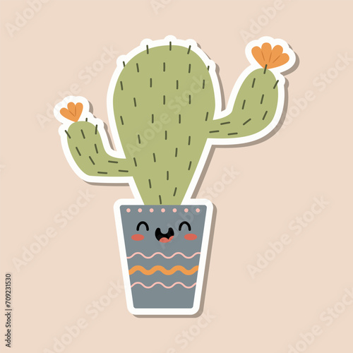 Cute sticker cactus with funny face in pot. Cacti sticker  template for children 