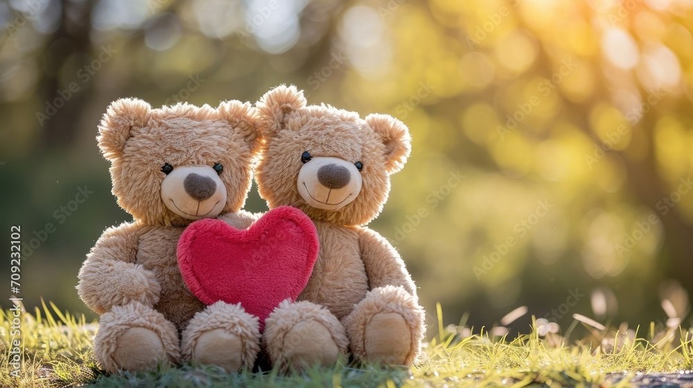 Teddy bears with a red heart, soft sunlight with a bokeh background, expressing love or celebrating Valentine's Day Teddy bears with a red heart, soft sunlight with a bokeh background, expressing love or celebrating Valentine's Day