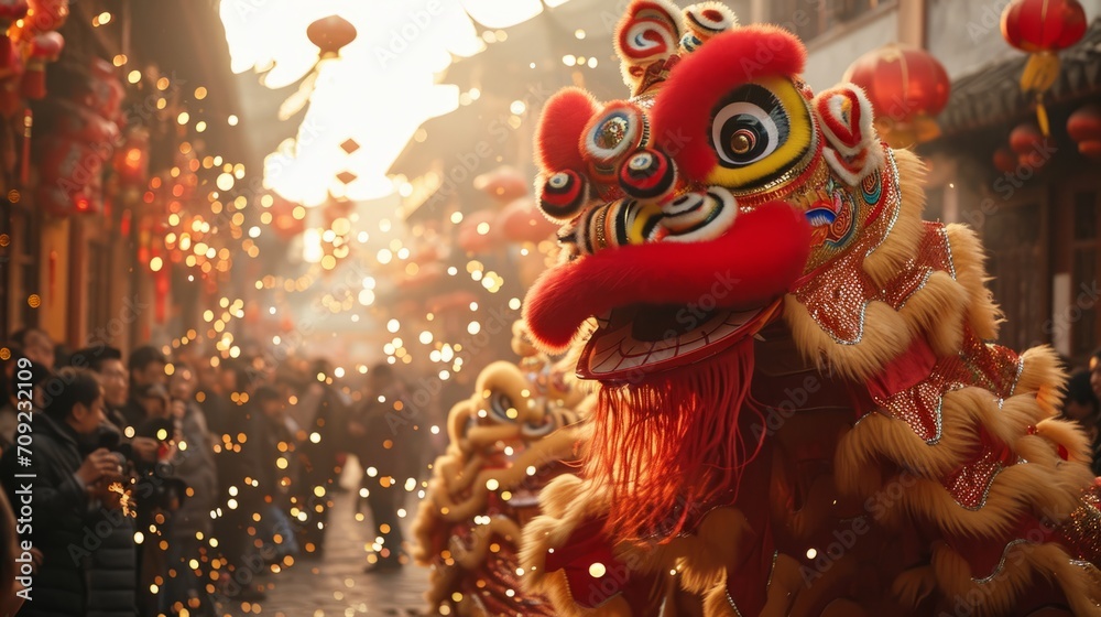 Lion Dance Amidst Fireworks.
Lion dance performance with fireworks during Chinese New Year.
