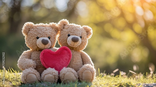 Teddy bears with a red heart, soft sunlight with a bokeh background, expressing love or celebrating Valentine's Day © thesweetsheep