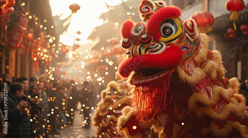 Lion Dance Amidst Fireworks.
Lion dance performance with fireworks during Chinese New Year. photo