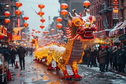 Vibrant Dragon Dance at Chinese New Year. Lively dragon dance in street celebration with red lanterns.