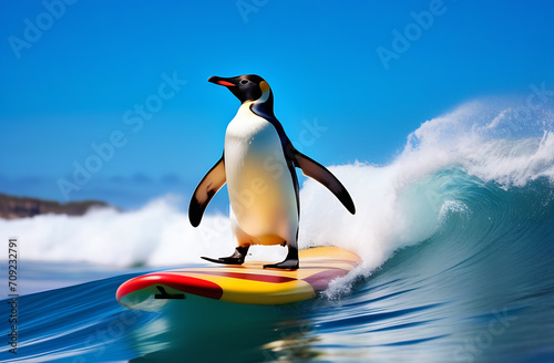 Penguin on surfboard in ocean. 3D illustration.