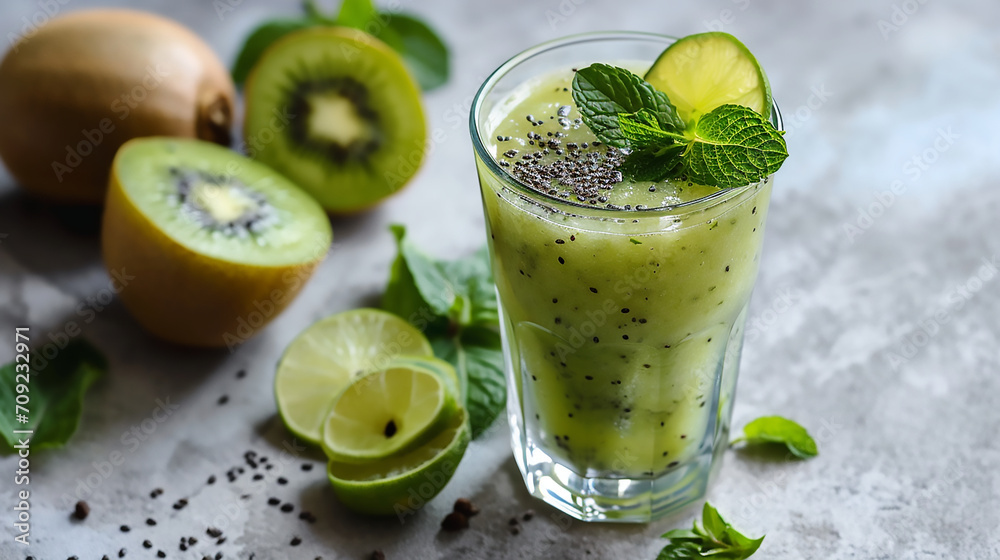 Glass of fresh kiwi smoothie with mint and lime on grey background Glass of fresh kiwi smoothie with mint and lime on grey background