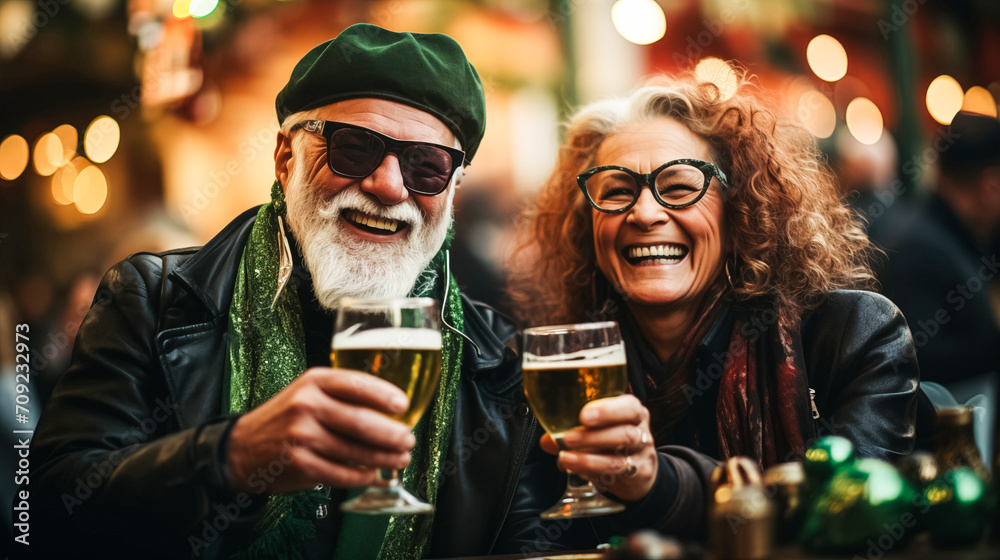 Modern adult man with a beard and a woman in green glasses drink beer and joyfully celebrate St. Patrick's Day Modern adult man with a beard and a woman in green glasses drink beer and joyfully celebrate St. Patrick's Day