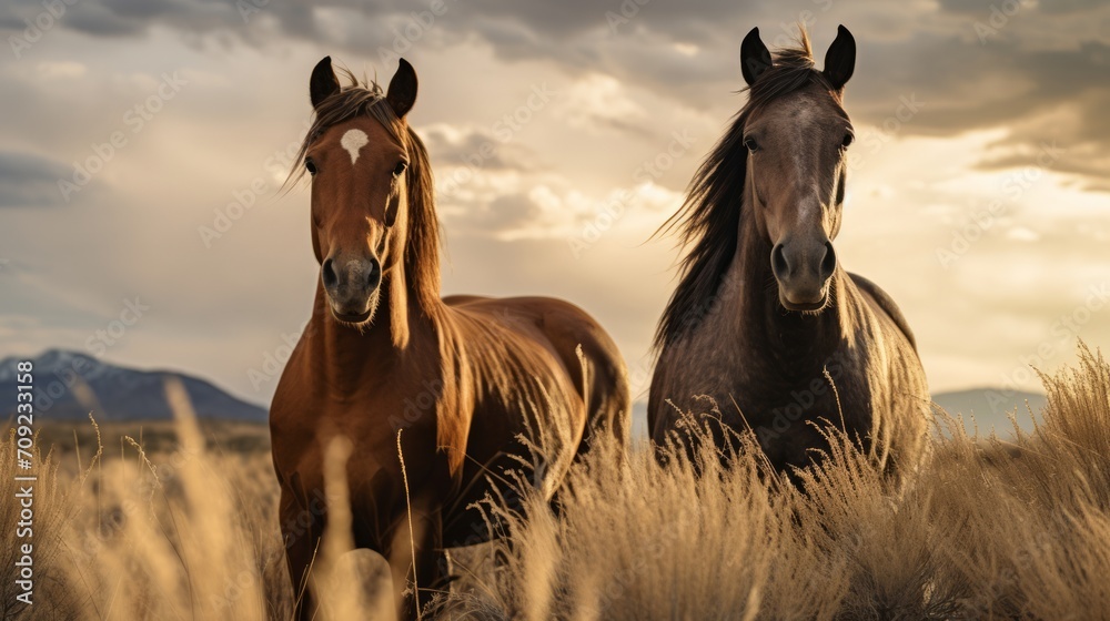 Horses free run on desert storm against sunset sky. Neural network AI generated art - obrazy, fototapety, plakaty 