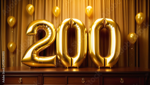 Golden numbers 200 on a shiny background with balloons. Beautiful illustration with copy space, anniversary, holiday, golden balls, bright golden background photo