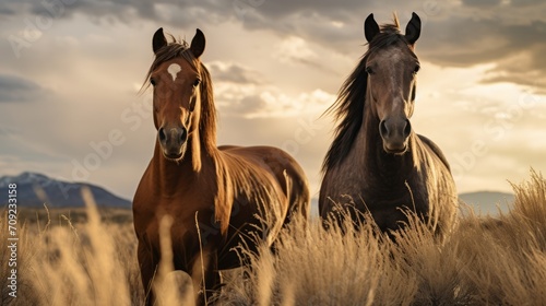 Foto Horses free run on desert storm against sunset sky