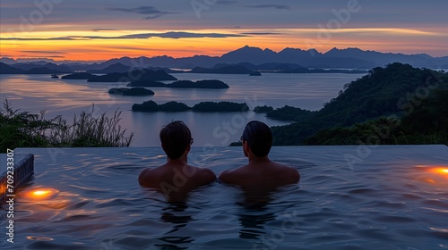 Two People in Hot Tub at Sunset