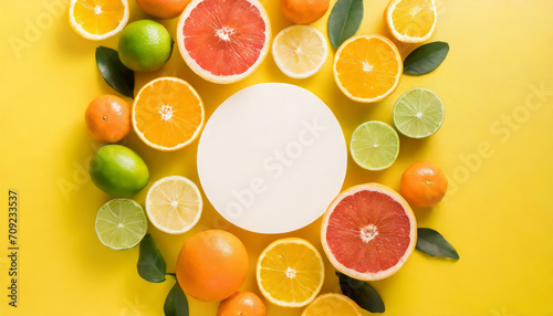 Top view of orange, lemon, lime, grapefruit on a yellow background with a blank plain circle for text in the middle
