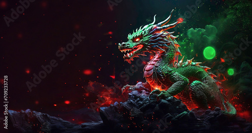 Green dragon in Asian style with red particles on a dark background © Jackie