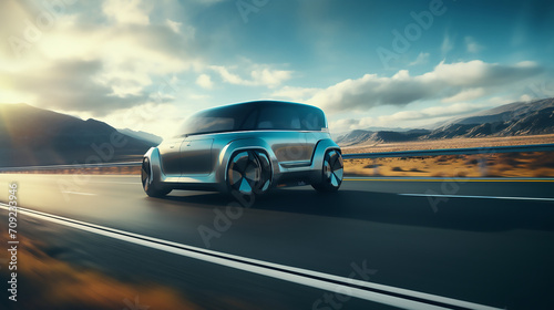 Automated self driving futuristic electric car driving on highway photo