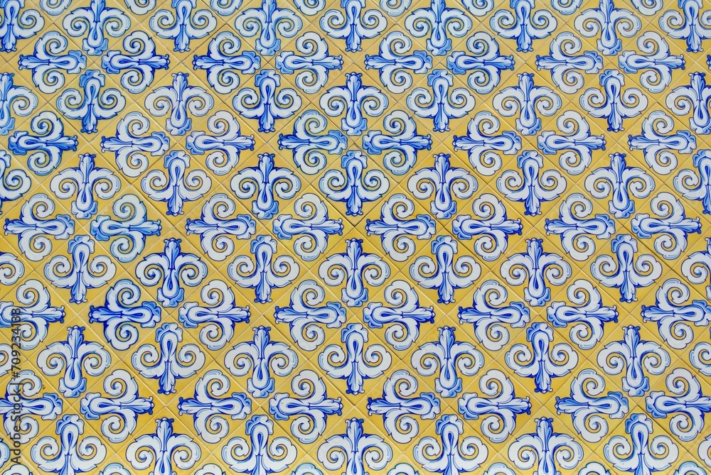 Vintage tile ornament in Valencia, Spain. Spanish old-fashioned floral mosaic