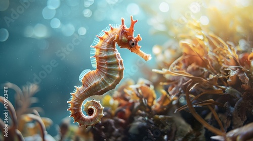 Beautiful seahorse in the ocean, underwater plants, marine wild nature beautiful seahorse underwater scene. photo