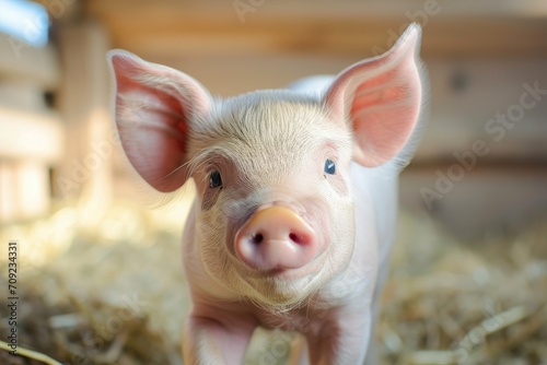 Cute piglet in farm. Happy and healthy small pig. Livestock farming.